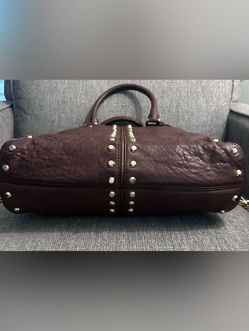 Michael Kors Brown Studded Leather Satchel with leather & chain crossbody strap